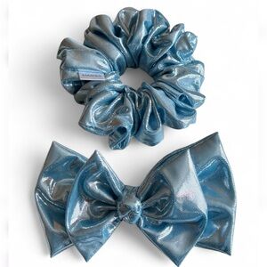 Handmade Shiny Blue Hair Scrunchie and Bow Set,